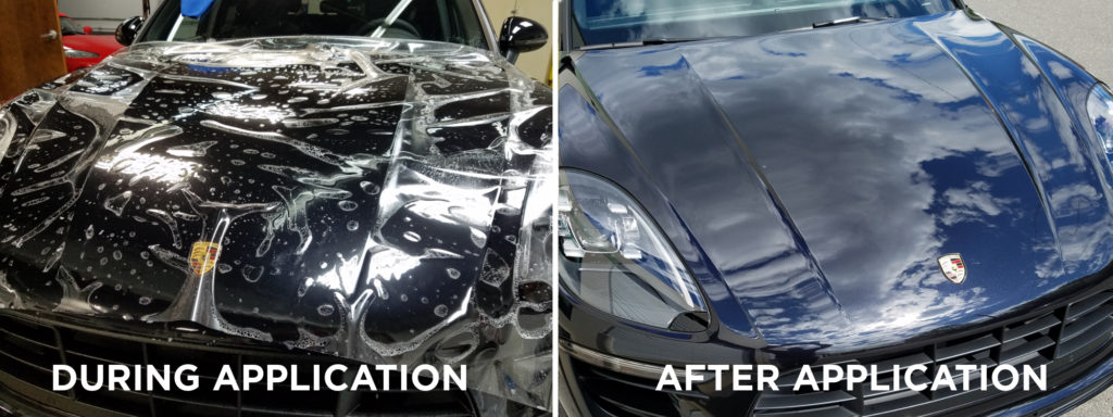 A Porsche Macan during and after Paint Protection Film
