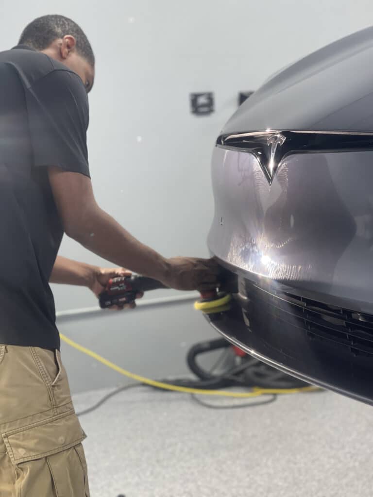 To correct the paint in this area, different polishes and pads are used, and a 3" polisher is used on the lower bumper.